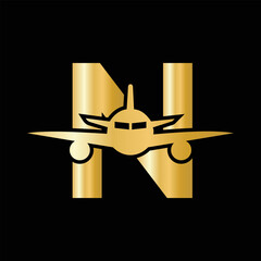 Wall Mural - Letter N Travel Logo Concept With Flying Air Plane Symbol