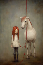 A Whimsical Girl With A Horse On A String