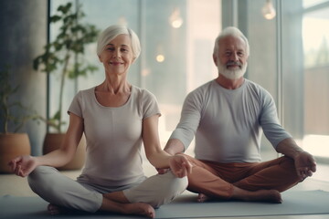 The senior couple is doing fitness yoga training at home. Doing yoga together. Healthy active lifestyle on retirement and sport concept