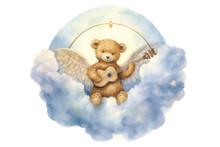 An Angel Teddy Bear With Wings Playing A Guitar In The Clouds