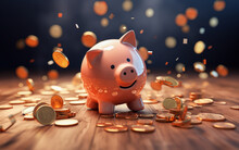 A Cute Piggy Bank Smiles Under A Shower Of Gold Coins