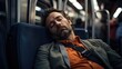 Man peacefully sleep in subway.