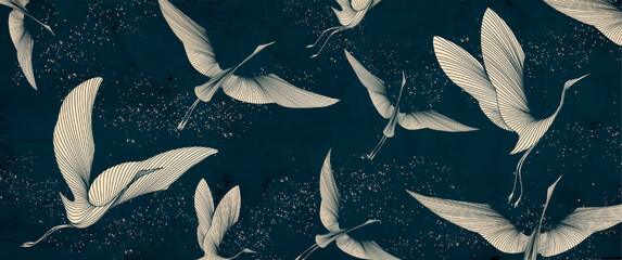 Naklejka na meble Dark art background with birds in beige color in line art style. Vector animalistic banner with hand drawn cranes for decoration, print, textile, wallpaper, packaging, interior design.