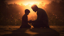 Pai E Filho Juntos Fazendo Oração Em Lindo Por Do Sol, Amor E Fé Cristã