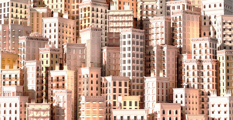 Sticker - Beautiful cityscape with periodic buildings. Lots of houses and tall buildings at golden sunset light 3D rendering illustration