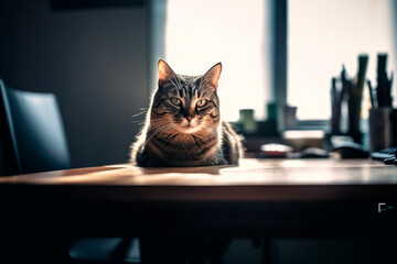 Poster - The office cat sits on the table. Generative AI