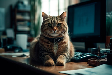 Poster - The office cat sits on the table. Generative AI