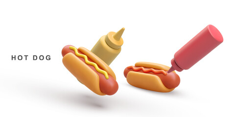 Wall Mural - 3d realistic two Hot Dog and ketchup, mustard ketchup on white background. Vector illustration.