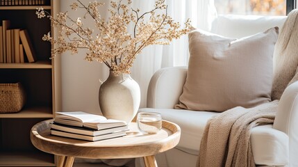 Canvas Print - modern living interior, living room with beige cushioned chair and  plaid, pillow,  coffee table with books and vase