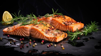 grilled salmon on a plate, pieces of grilled fish on a black stone background. Recipe. Seafood.