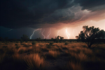 Wall Mural - Thunderstorm and lightning over the field. Generative AI