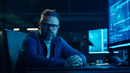 Director of a large company serious man with glasses is developing a secret innovative product. Generative Ai technology.
