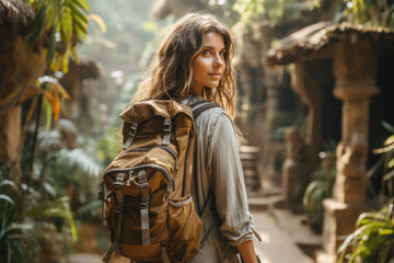 Tourist woman with backpack at vacation in Bali 