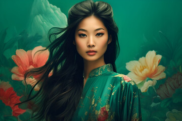 Wall Mural - Generative ai portrait of beautiful asian woman on different color background