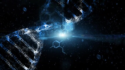 Poster - dna chain and chemical hexagon bonds animation. concept artistic science background.