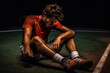A tennis player exhausted after a long match, symbolizing perseverance and determination