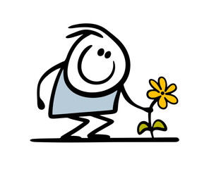 Wall Mural - Naive child sat down and plucked a wildflower from a flower bed in the park. Vector illustration of a stickman in the garden.