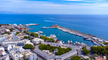 Mandraki Port Of Rhodes City Harbor Aerial Panoramic View In Rhodes Island In Greece