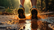 Runner Feet In Running Sneakers Runs Down Forest Footpath Splashed Through Puddles At Sunrise, Sportsman Shoes, Running In The Morning