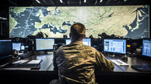 Tactical Operations: Soldier In A Modern War Room Utilizing Maps And Screens, Generative AI
