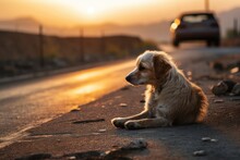 A Sad And Abandoned Dog Is Waiting On The Road, As A Car Drives Away - AI Generated