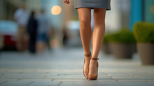 Close Up Of Slim Legs Of Woman Wearing High Heel Shoes - Person Walking In The City - Woman Walking In The Street