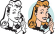 A vintage retro cartoon of a woman speaking into an antique telephone. 