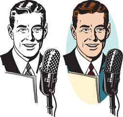 Sticker - A vintage retro illustration of a man making an announcement into a microphone. 