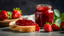 A Jar Of Strawberry Jam And Fresh Strawberry And Toast With Jam On A Dark Background. Generative AI. . 