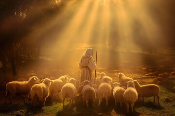 Bible Jesus Shepherd with His Flock of Sheep in Sunrise Rays