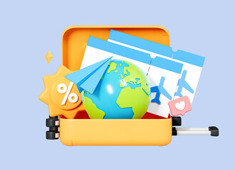 3D Time to travel concept. Open suitcase with air tickets, globe, paper airplane and discount. Travel deals. Big tour sale. Cartoon creative design illustration isolated on blue background. 3D Render