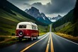 Red vintage camper van on road to mountains - Generative AI