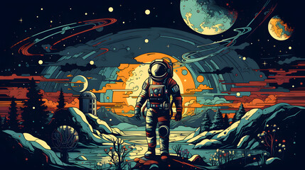 Space, science fiction, future. Vector retro illustrations of astronaut, galaxy, planet, moon, space objects for poster
