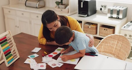 Canvas Print - Writing, learning and mom doing homework with her kid in the dining room of their family house. Knowledge, education and young mother helping her boy child with a mathematics school project at home.