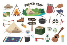 Summer Camp, Hiking Kit. Camping Gear Set. Survival In Wild. Holiday Trip, Picnic, Recreation, Countryside, Nature, Poster, Tag, Sticker. Trekking Concept. Hand Drawn Style. Flat Vector Illustration.