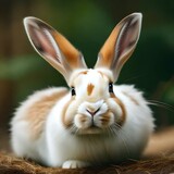 Fototapeta Zwierzęta - A rabbit its soft, fluffy fur and delicate features ,has a compact and agile body,Atop its head sit a pair of long, expressive ears , various colors, realistic picture .
