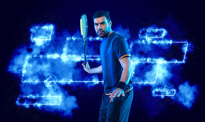 Squash player on a squash court with racket. Man athlete with racket on court with neon colors. Sport concept. Download a high quality photo for the design of a sports app or betting site.