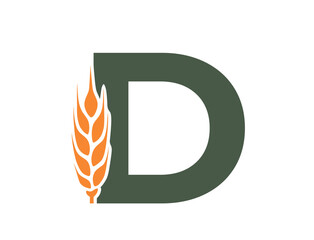 letter d with wheat ear. harvest alphabet logotype. agriculture, grain crops and cereal farming design