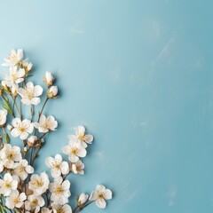 Banner with white flowers on light blue background. Greeting card template for Wedding, mothers or womans day. Springtime composition with copy space. Flat lay style