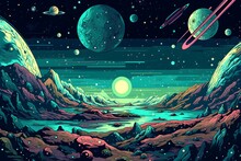 Outer Space Background With Planets Illustration With Retro Style