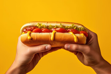 Hand holding tasty hot dog on a yellow background