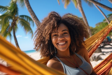 Wall Mural - Relax Tropical Paradise. Woman lying in a hammock surrounded by palm trees, with a paradisiacal beach in the background. Relaxation and paradise getaway concept. AI Generative