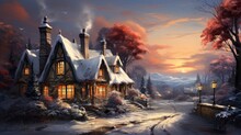 A Cute Winter Village Decorated For Christmas. Generative AI. 
