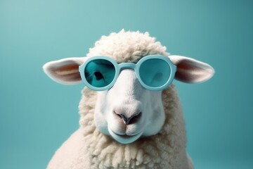 Wall Mural - Funny cute sheep in sunglasses with happy emotion. AI generated, human enhanced