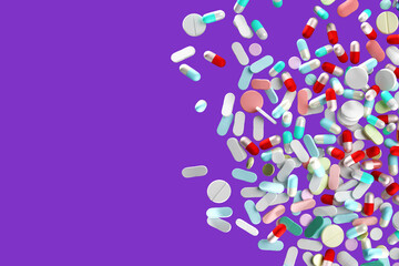 pharmaceutical texture. pattern with pills. antibiotics on purple. template for pharmaceutical indus