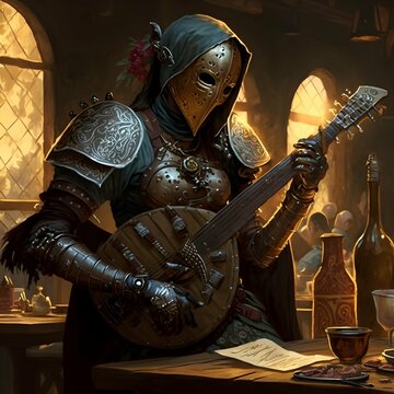 A female warforged bard performing on a lute in a tavern solo dungeons dragons construct 