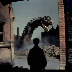 A man looking at the head of a monster destroying a city.