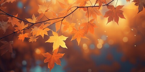 Leinwandbilder - web banner design for autumn season and end year activity with red and yellow maple leaves with soft focus light and bokeh background