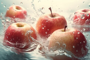 Wall Mural - Red apples in refreshing water with clipping path