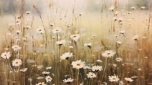 Vintage Neutral Wildflower Field Oil Painting 